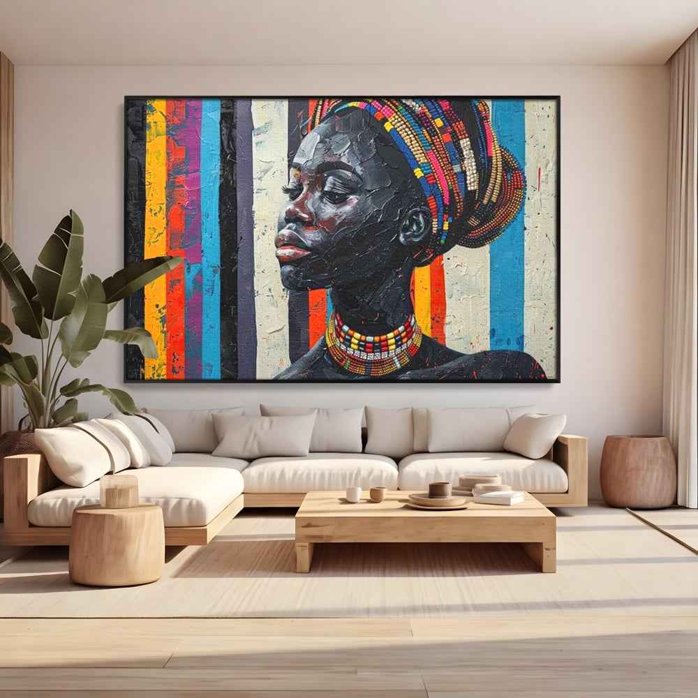 Tablou canvas cu tablou canvas cu profil de femeie, in rama de aluminiu negru, pe perete intr-un living